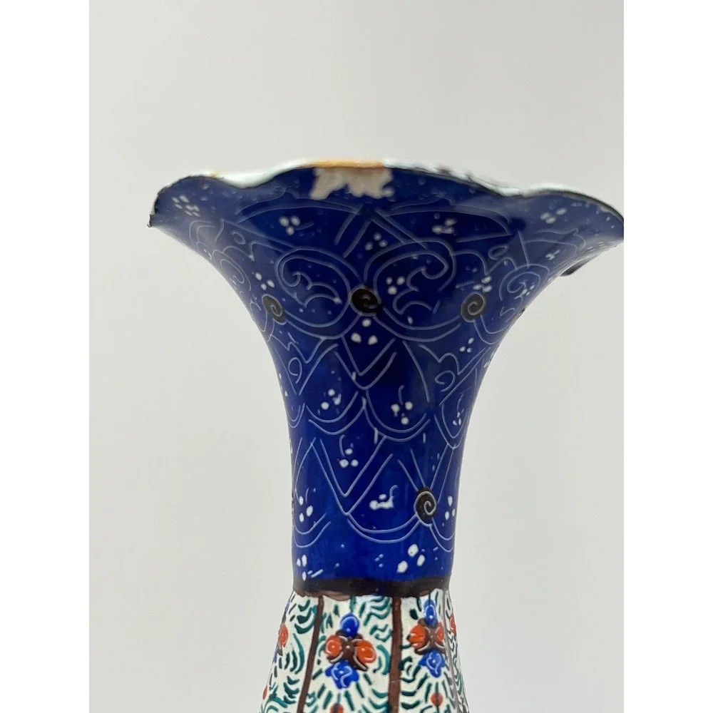 Hand Painted Enamel Vase Blue Floral‎ Pattern Decorative Tabletop Accent